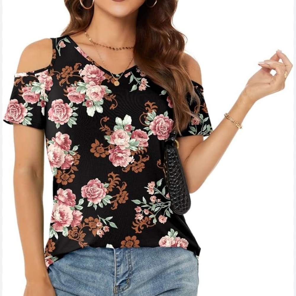 Womens V Neck T-shirt Summer Floral Top